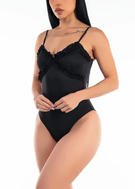 Black Sleeveless Vneck Stretch Bodysuit w Ruffle Detail made by iris