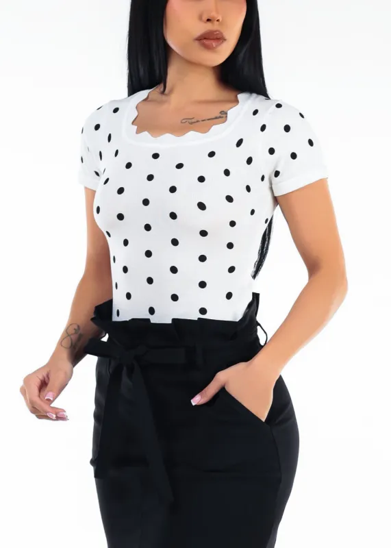 Stretch Short Sleeve Round Neck Polka Dot Blouse White made by Love Tree