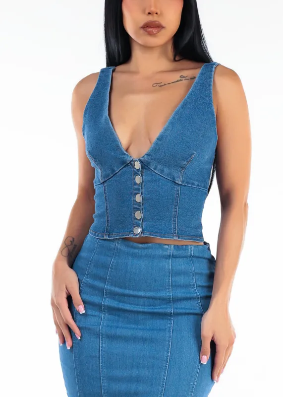 Sleeveless Button Up V-Neck Stretch Denim Vest Med Blue made by Timing
