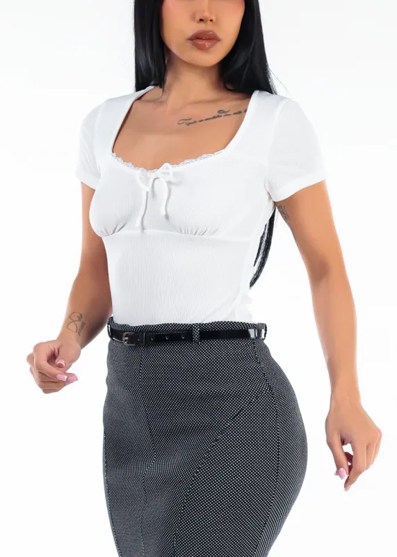 Short Sleeve Square Neck Stretch Top White w Lace Trim made by iris