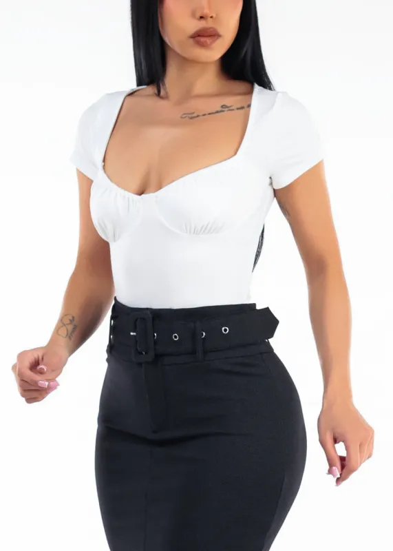 Stretch Short Sleeve Sweetheart Neckline Blouse Off White made by Timing