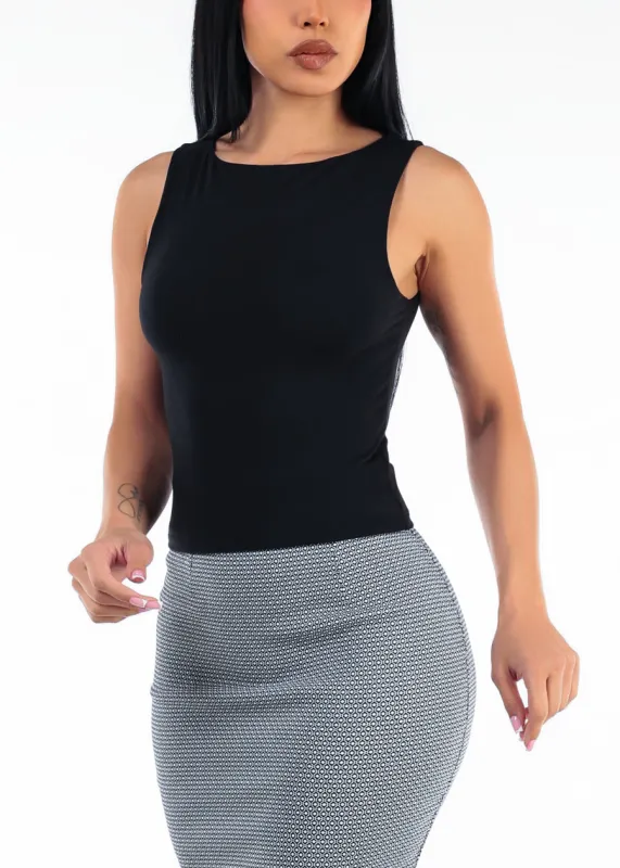 Sleeveless Boat Neckline Stretch Top Black made by Ambiance
