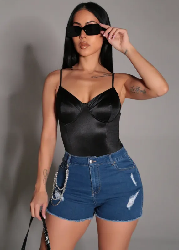Sweetheart Neck Satin Stretch Thong Bodysuit Black made by iris