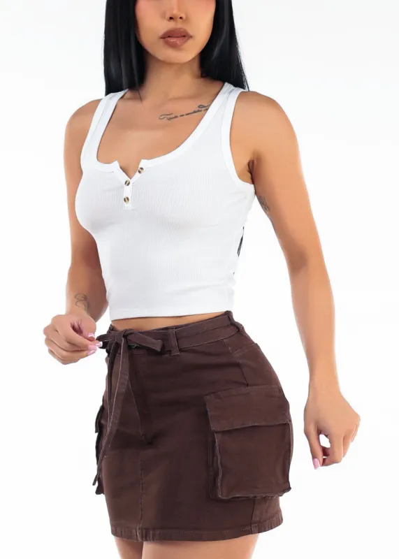Sleeveless Scoop Neck Henley Ribbed Stretch Tank Top White made by Ambiance
