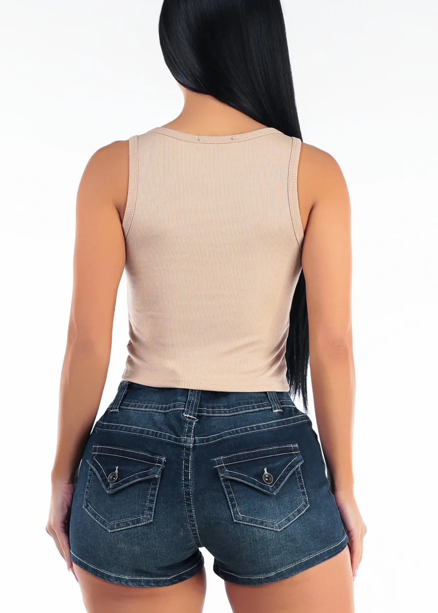 Sleeveless Scoop Neck Henley Ribbed Stretch Tank Top Khaki sold by Moda product image thumbnail 4