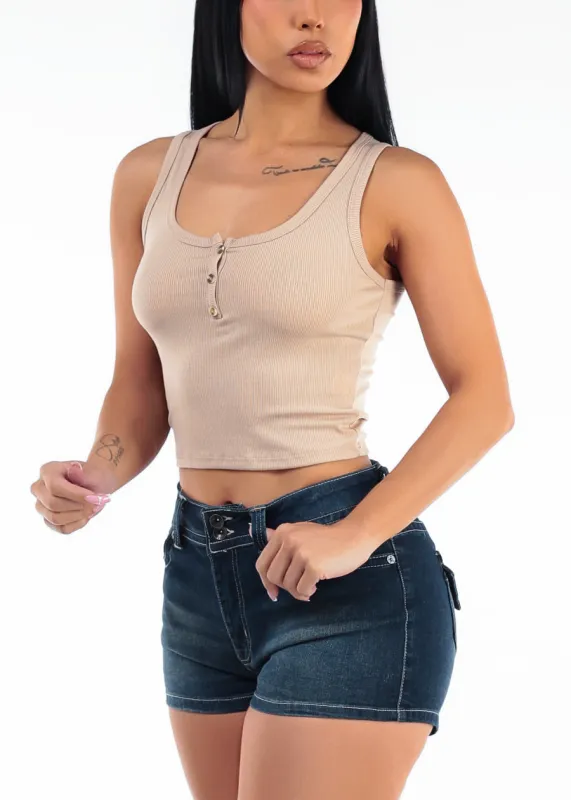 Sleeveless Scoop Neck Henley Ribbed Stretch Tank Top Khaki made by Ambiance