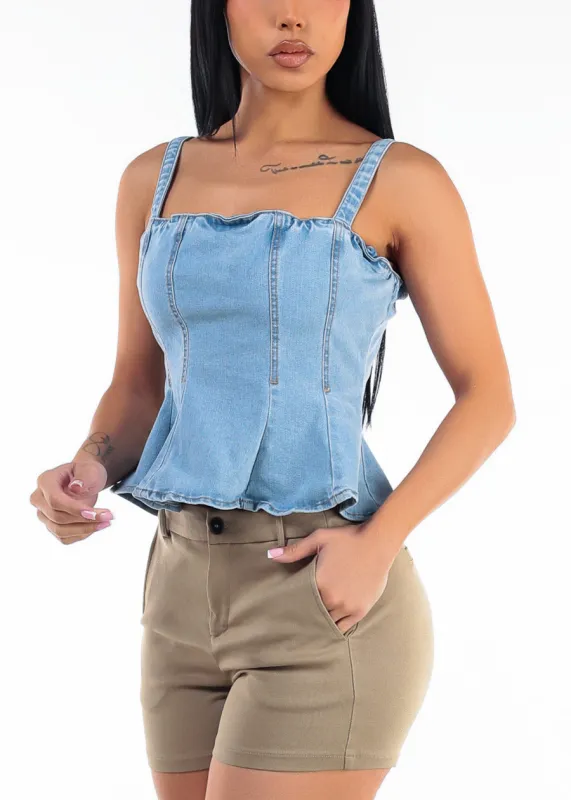 Sleeveless Stretch Denim Peplum Blouse Light Blue made by Love Tree