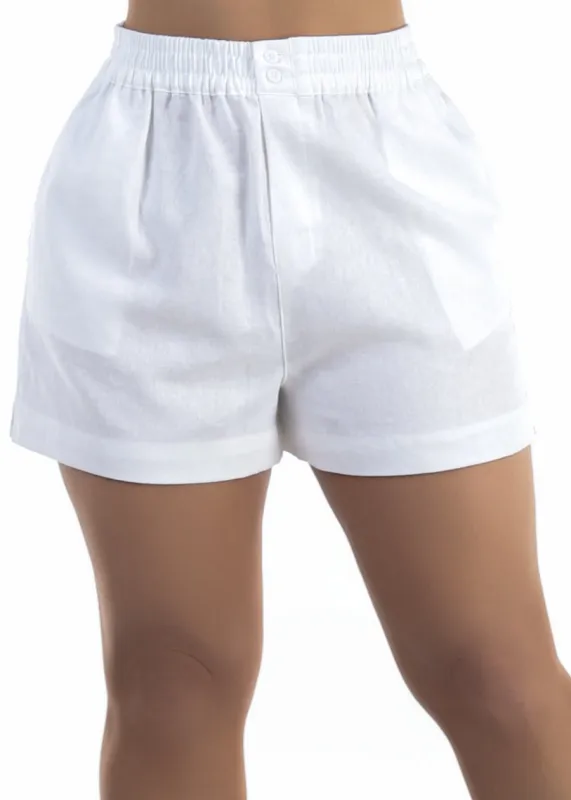 White High Waist Linen Shorts w Smocked Waist made by Love Tree