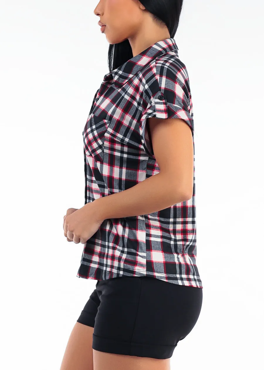 Short Sleeve Button Up Stretch Plaid Blouse Black sold by Moda product image thumbnail 3