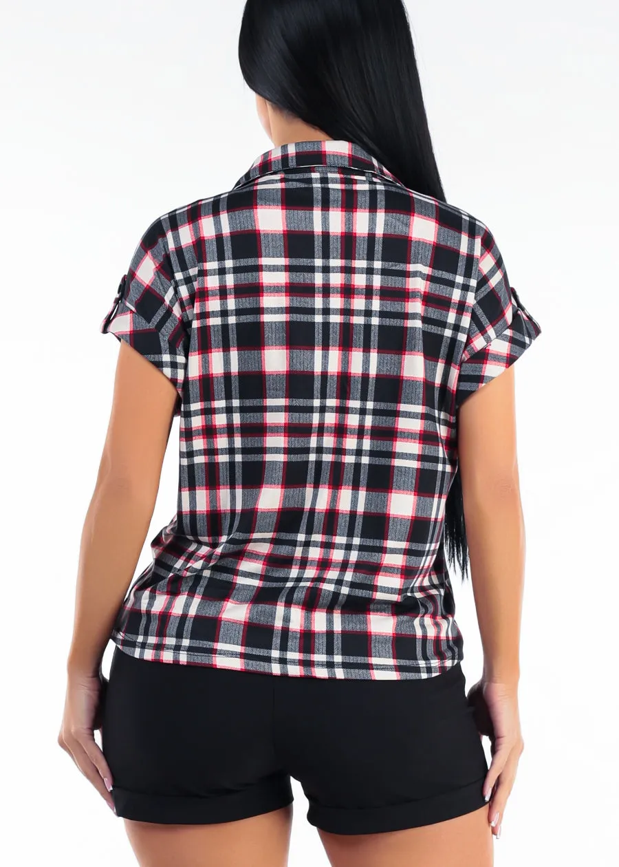 Short Sleeve Button Up Stretch Plaid Blouse Black sold by Moda product image thumbnail 4