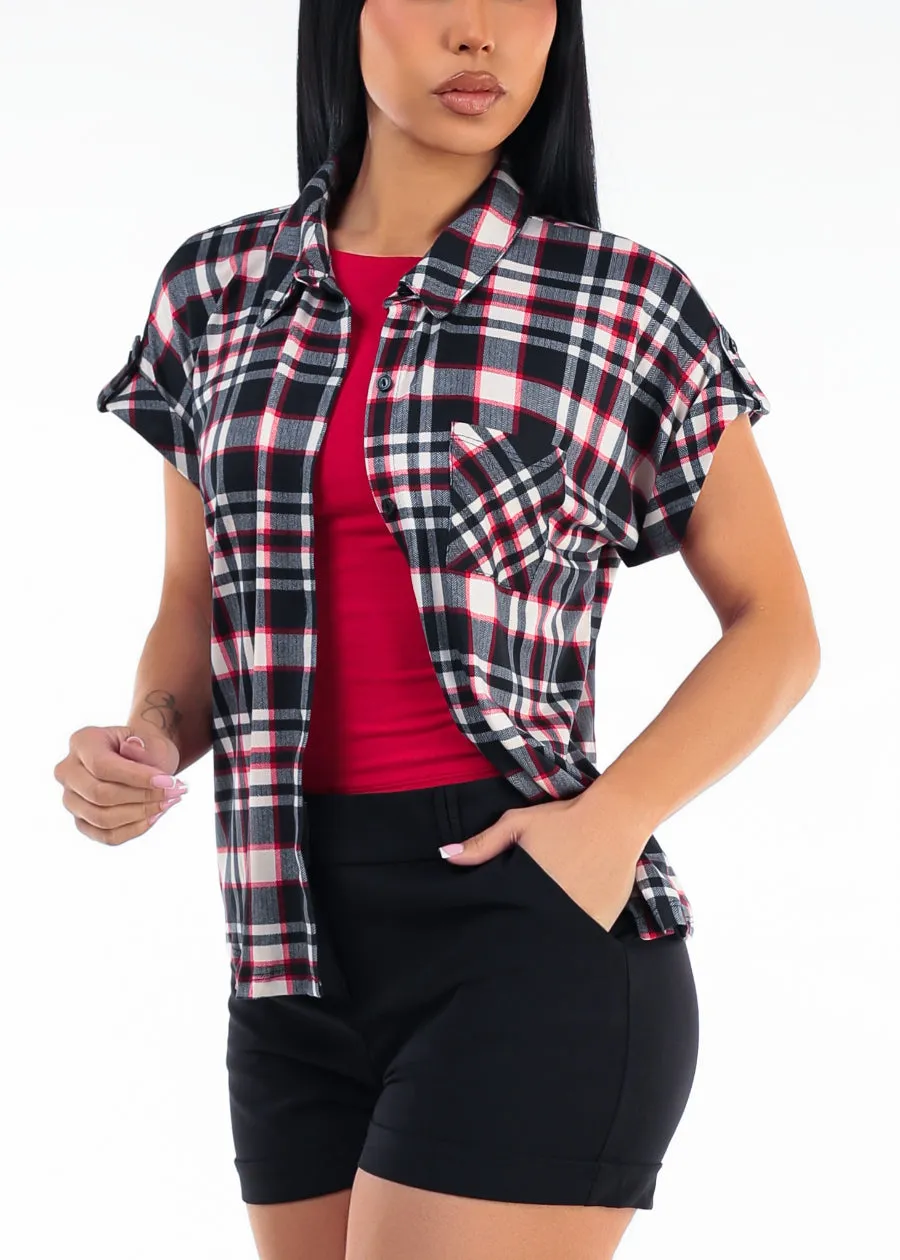 Short Sleeve Button Up Stretch Plaid Blouse Black sold by Moda