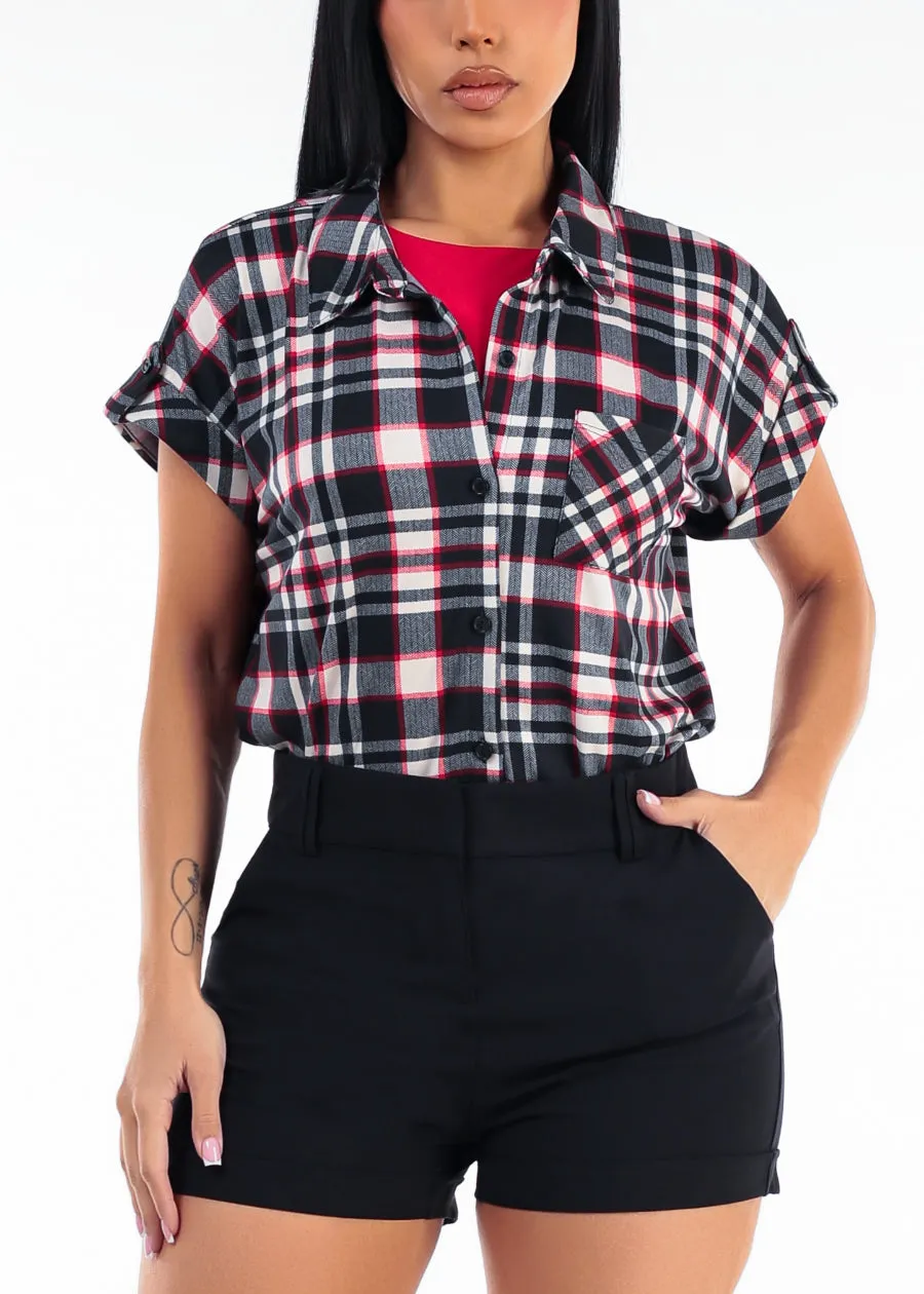Short Sleeve Button Up Stretch Plaid Blouse Black sold by Moda product image thumbnail 5