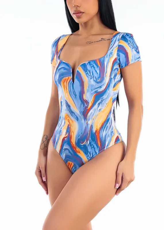 Short Sleeve Sweetheart Neckline Stretch Marble Print Bodysuit Blue made by Chocolate