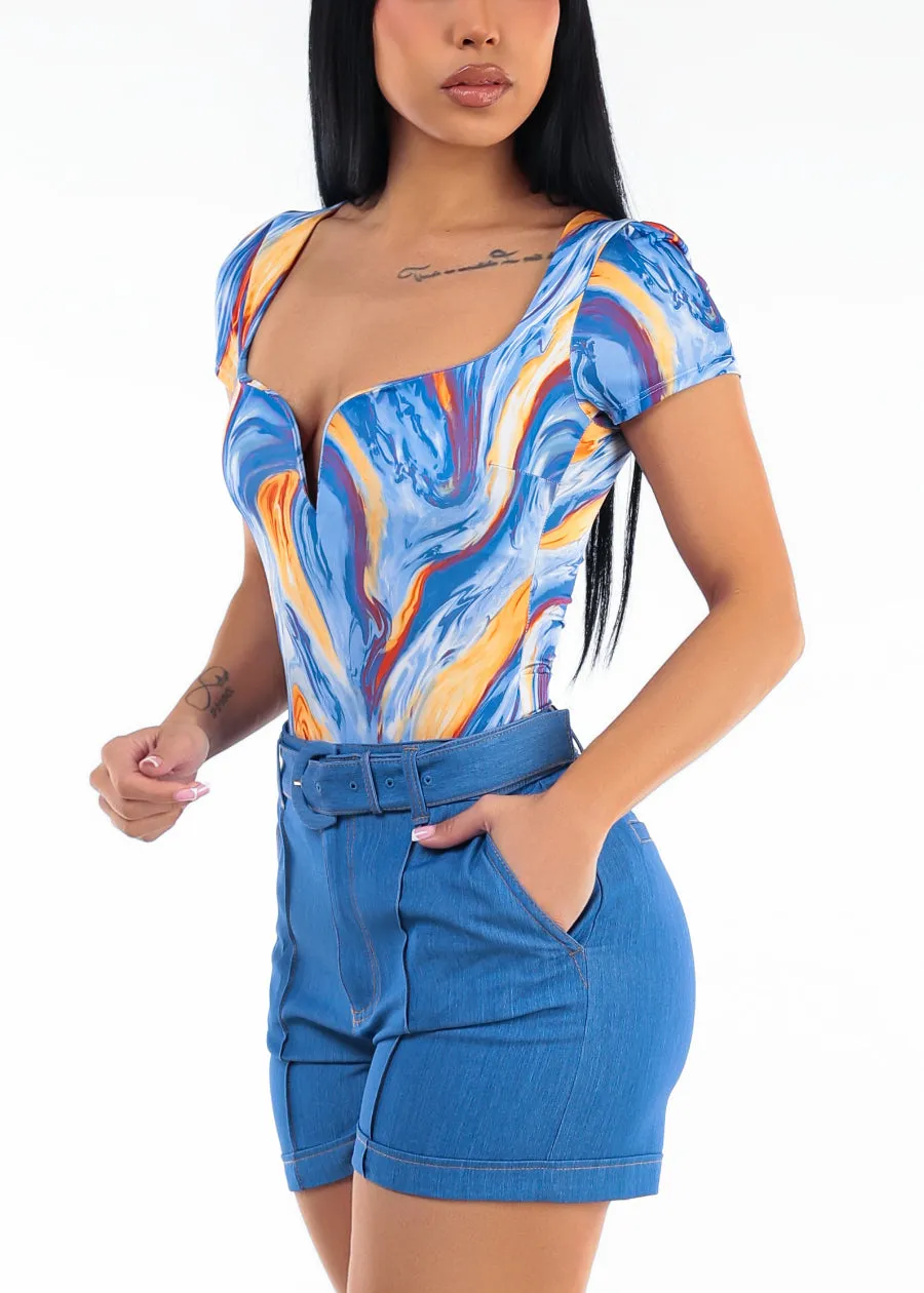 Short Sleeve Sweetheart Neckline Stretch Marble Print Bodysuit Blue sold by Moda product image thumbnail 5