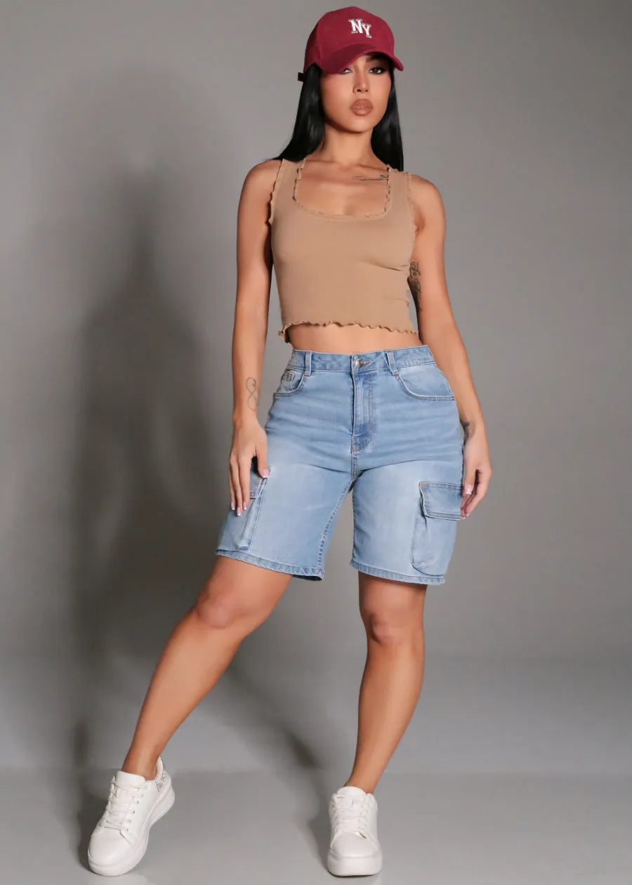 Super High Waist Stretch Cargo Bermuda Denim Shorts Light Blue sold by Moda product image thumbnail 4