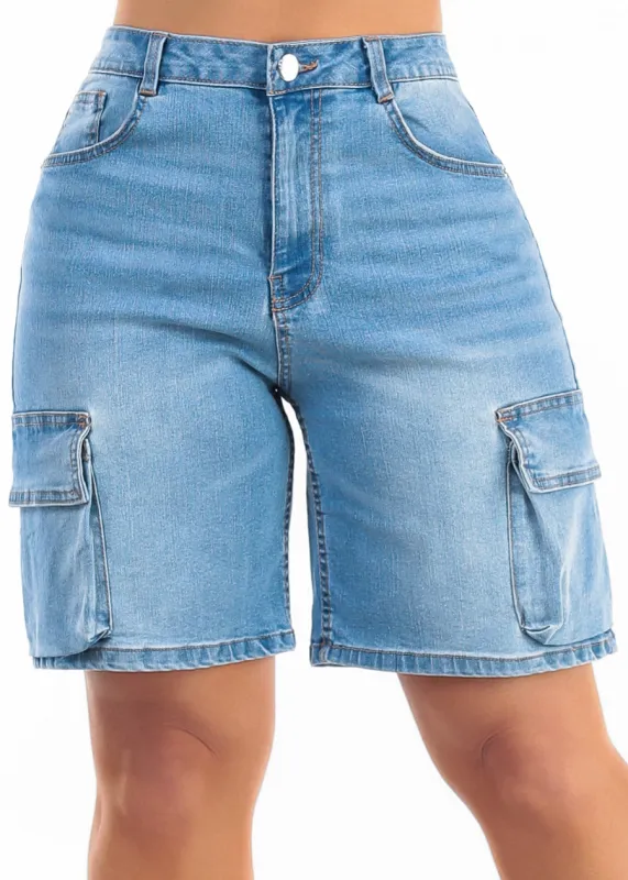 Super High Waist Stretch Cargo Bermuda Denim Shorts Light Blue made by Love Tree