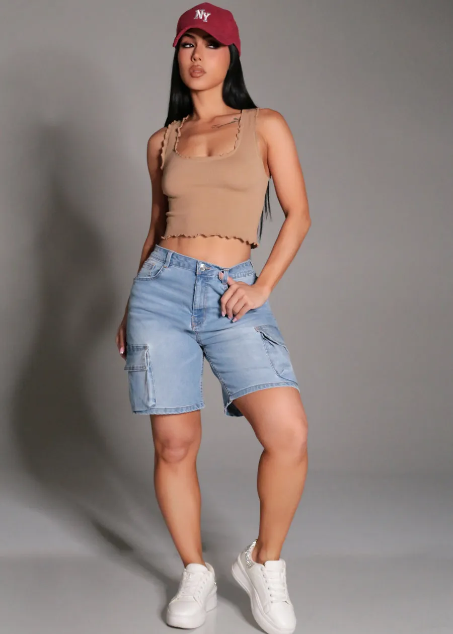 Super High Waist Stretch Cargo Bermuda Denim Shorts Light Blue sold by Moda product image thumbnail 2