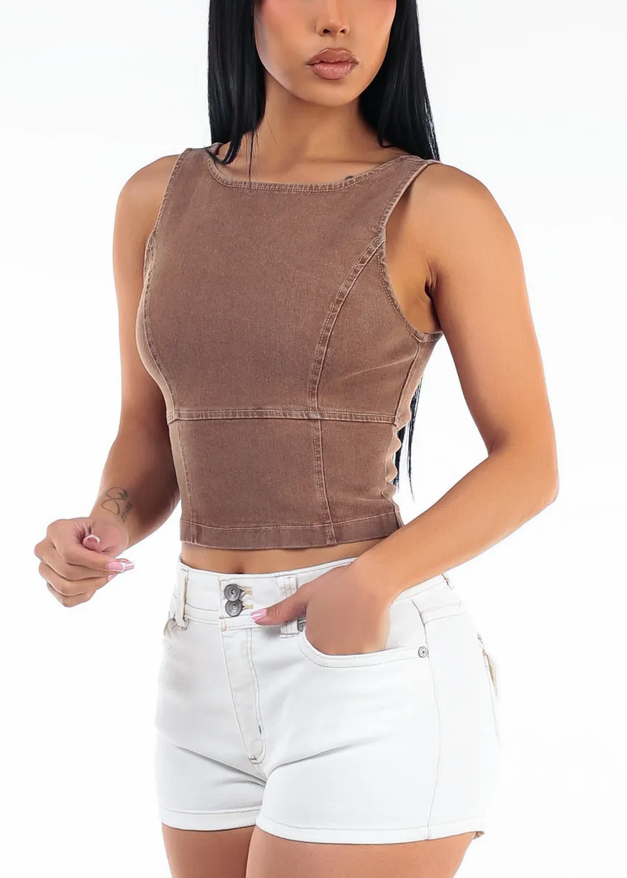 Sleeveless High Neck Fitted Denim Blouse Mocha sold by Moda product image thumbnail 3