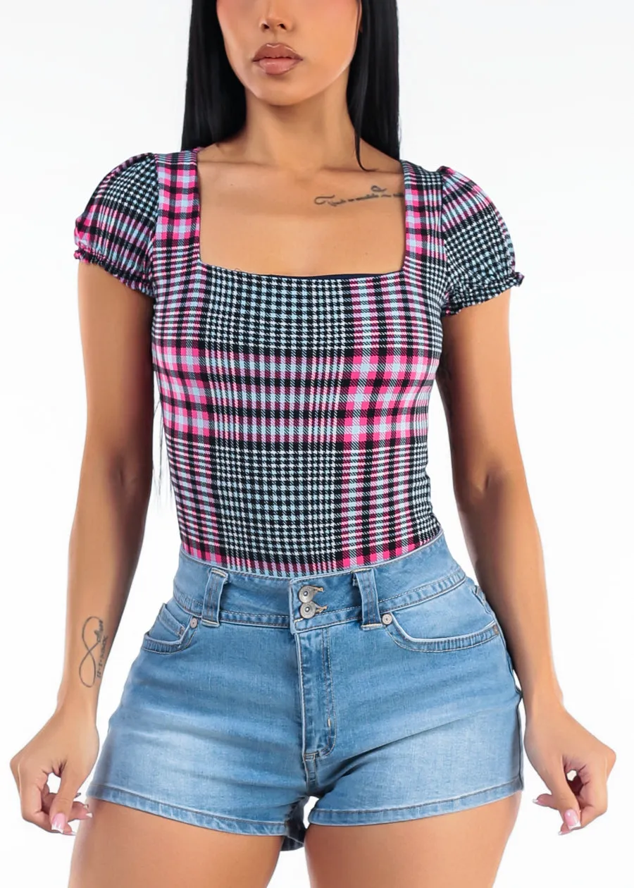 Plaid Square Neck Short Sleeve Stretch Bodysuit Fuchsia sold by Moda product image thumbnail 5