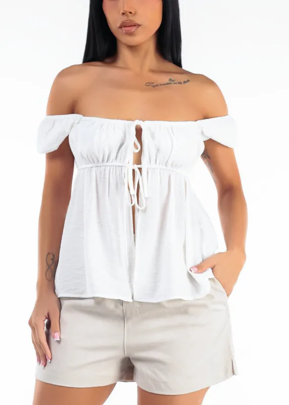 Off Shoulder Tie Front White Blouse made by Love Tree