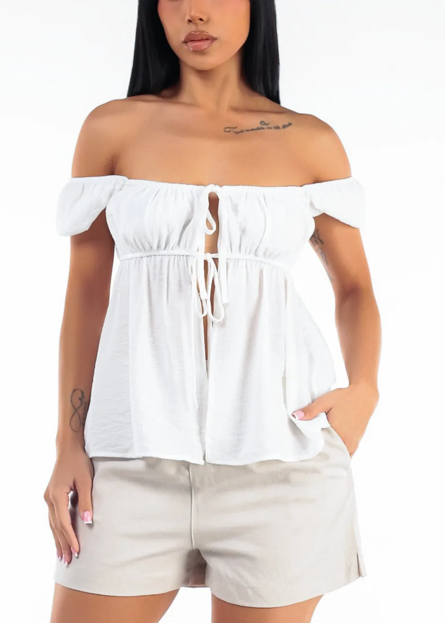 Off Shoulder Tie Front White Blouse sold by Moda