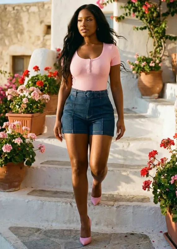 Pink Belted Shorts Look made by Moda