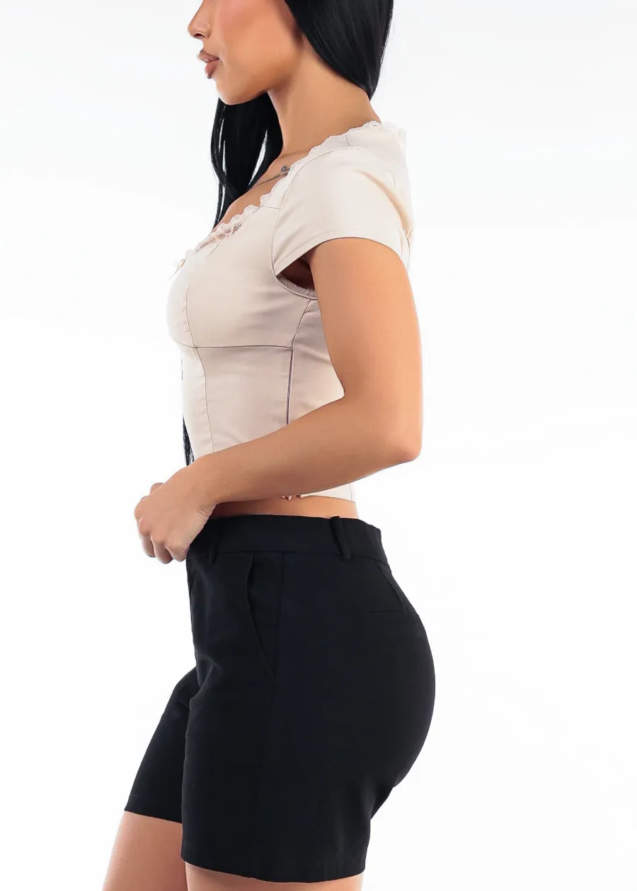 Short Sleeve Sweetheart Neckline Stretch Crop Top Beige w Lace Trim sold by Moda product image thumbnail 3