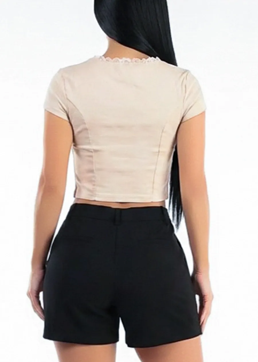 Short Sleeve Sweetheart Neckline Stretch Crop Top Beige w Lace Trim sold by Moda product image thumbnail 4