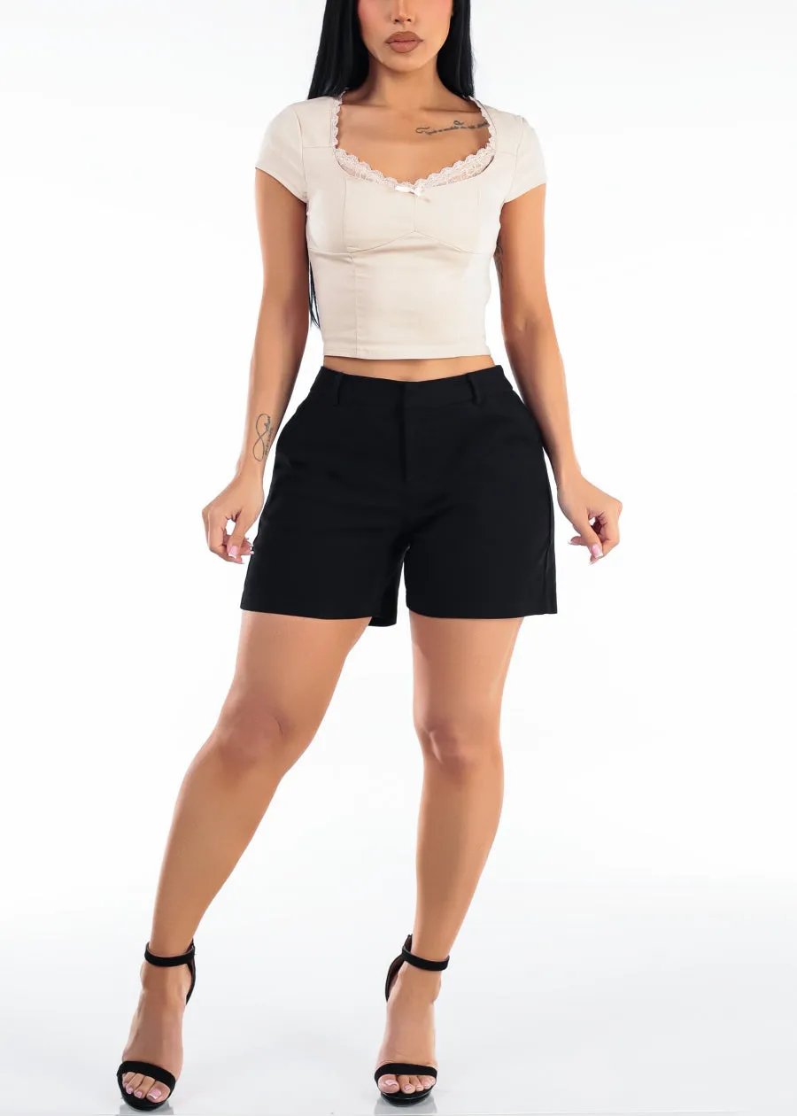 Short Sleeve Sweetheart Neckline Stretch Crop Top Beige w Lace Trim sold by Moda product image thumbnail 2