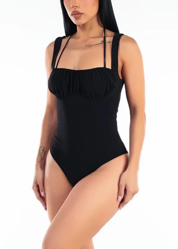 Ruched Bust Halter Tie Stretch Bodysuit Black made by Timing