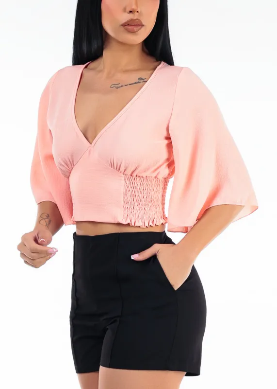 Kimono Sleeve Vneck Smocked Blouse Peach made by Chocolate