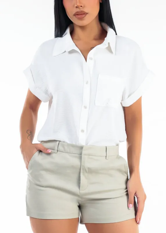 Short Sleeve Button Down Lightweight Blouse White made by Moda