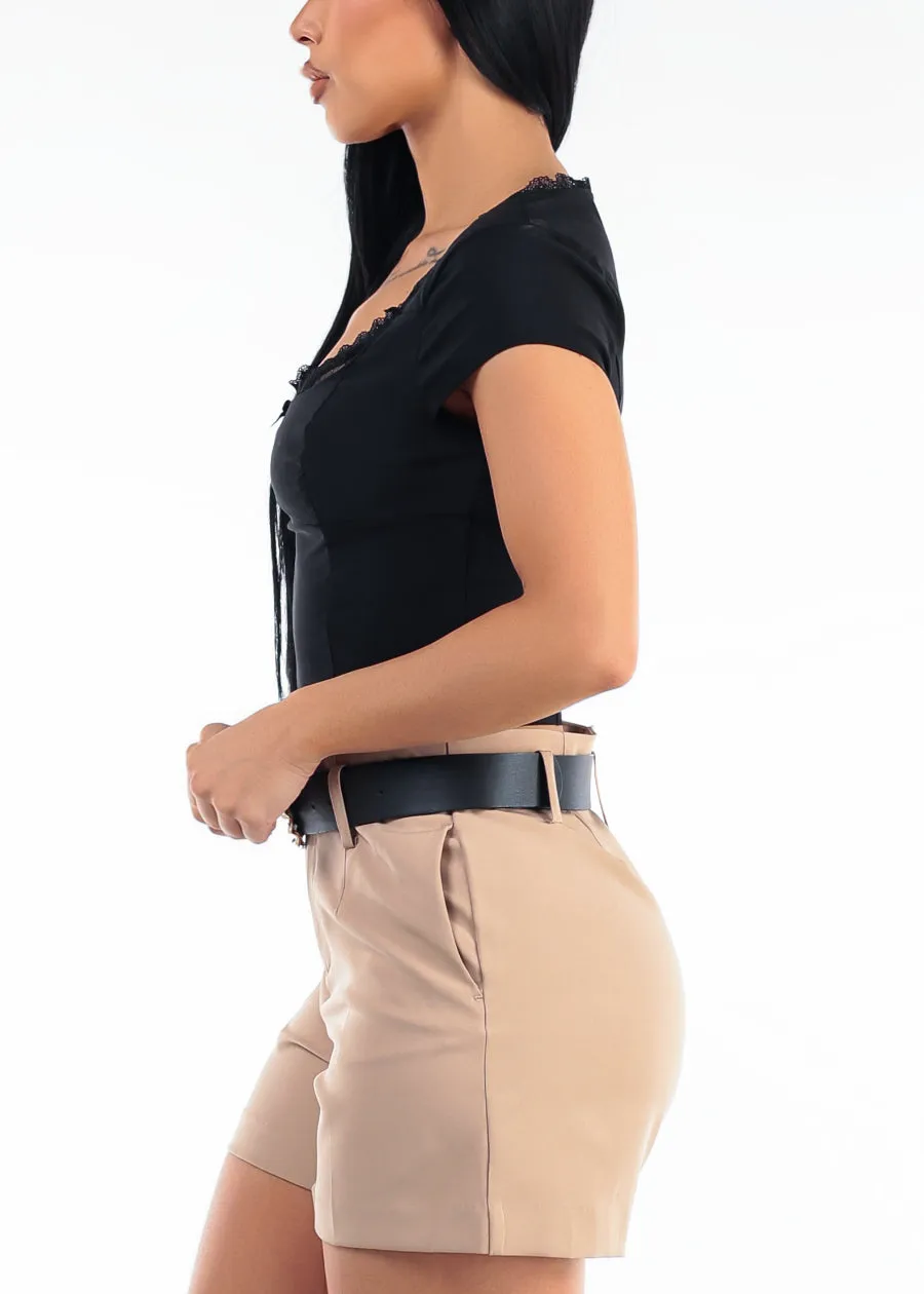 Short Sleeve Sweetheart Neckline Stretch Crop Top Black w Lace Trim sold by Moda product image thumbnail 3