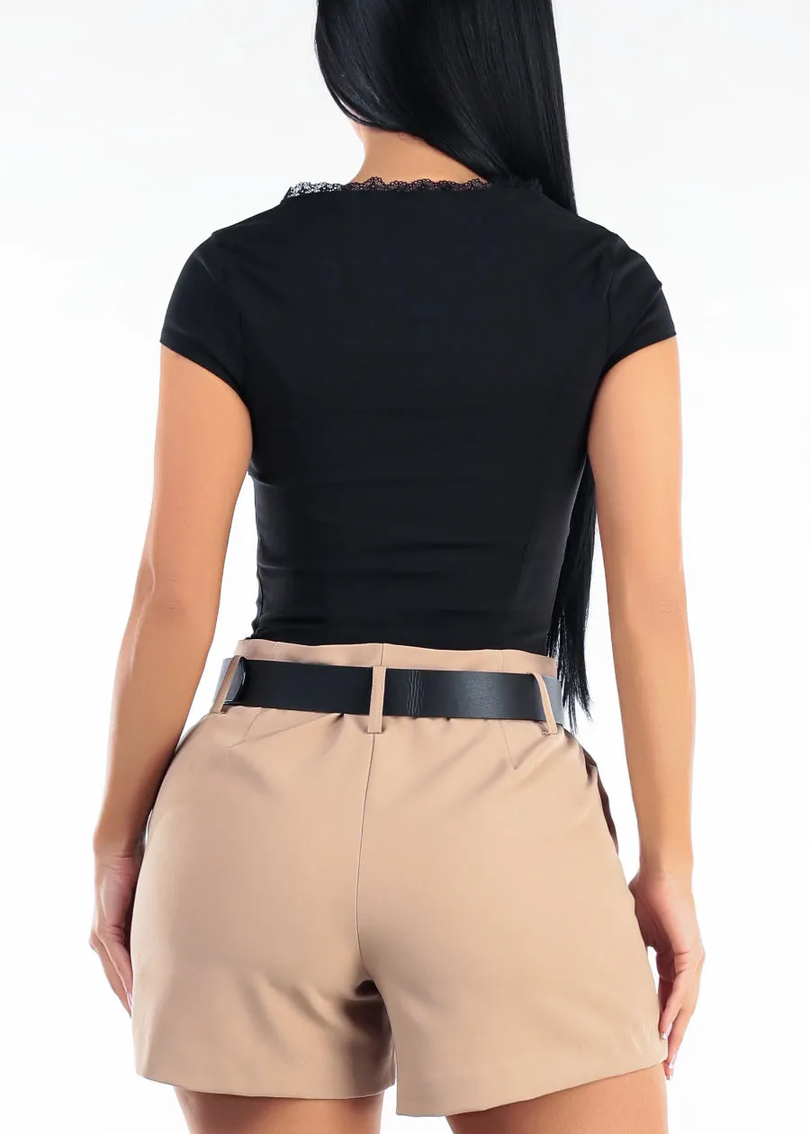 Short Sleeve Sweetheart Neckline Stretch Crop Top Black w Lace Trim sold by Moda product image thumbnail 4