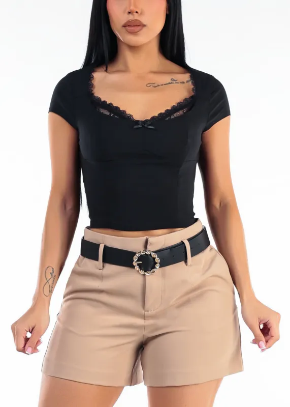 Short Sleeve Sweetheart Neckline Stretch Crop Top Black w Lace Trim made by iris