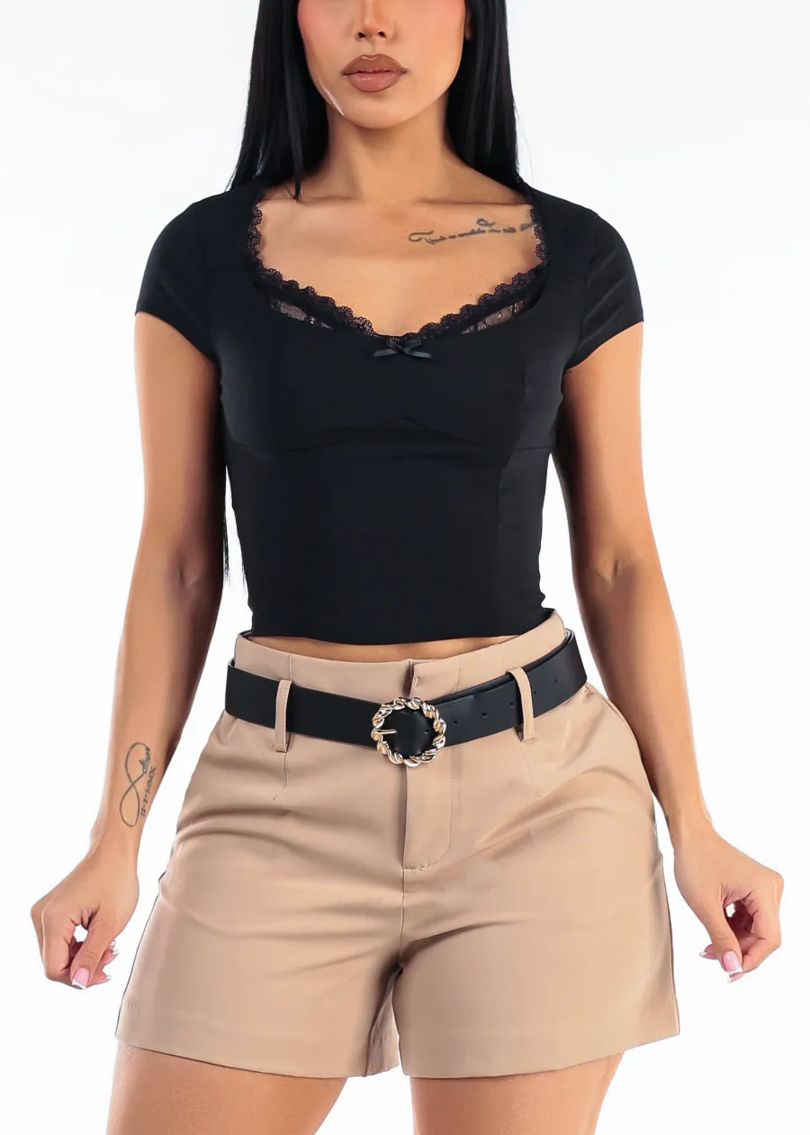 Short Sleeve Sweetheart Neckline Stretch Crop Top Black w Lace Trim sold by Moda