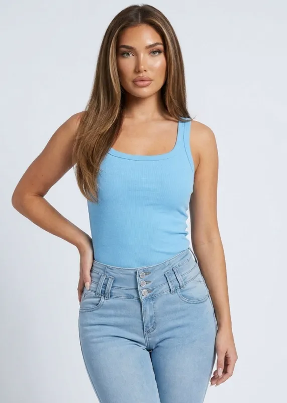 Sleeveless Scoop Neck Ribbed Stretch Tank Top Light Blue made by Ambiance