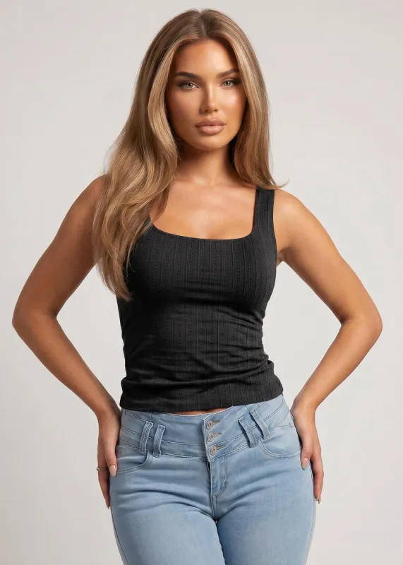 Sleeveless Square Neckline Stretch Tank Top Black made by Ambiance