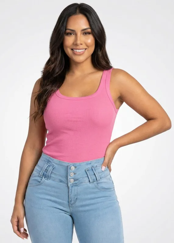 Sleeveless Scoop Neck Ribbed Stretch Tank Top Pink made by Ambiance