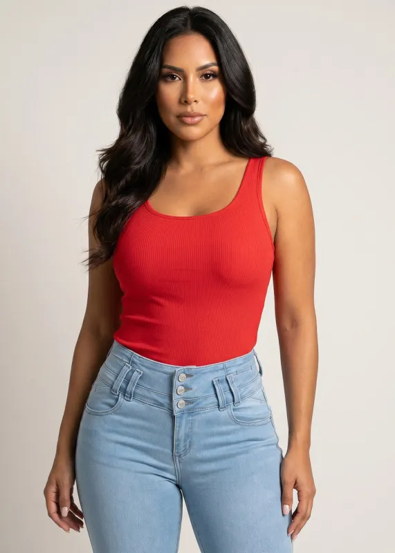 Sleeveless Square Neckline Stretch Tank Top Red made by Ambiance
