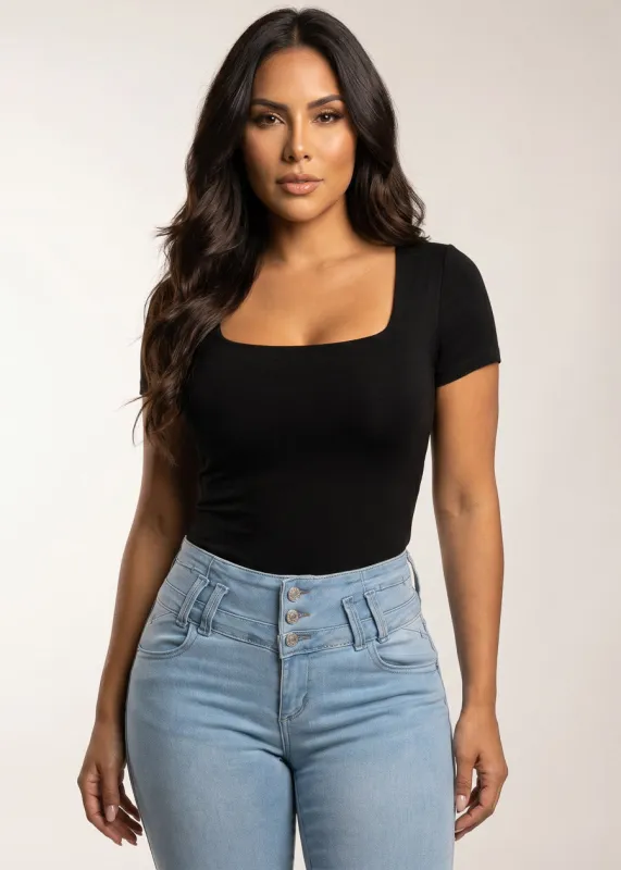 Square Neck Short Sleeve Stretch Top Black made by Ambiance