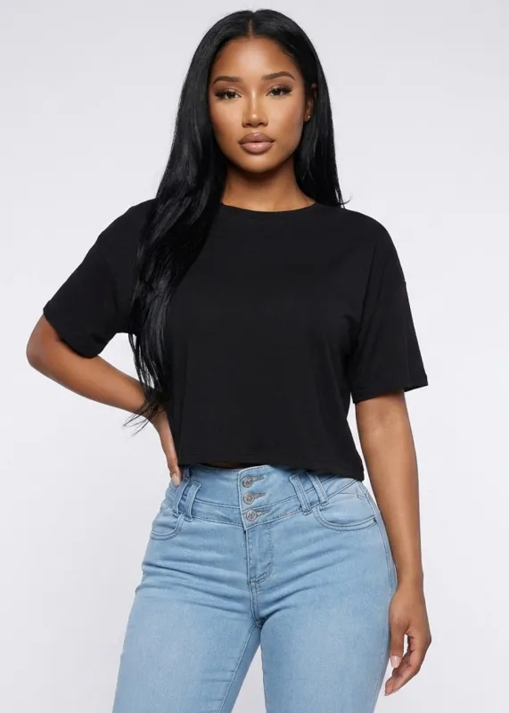 Short Sleeve Round Neck Stretch Oversized Top Black made by Ambiance