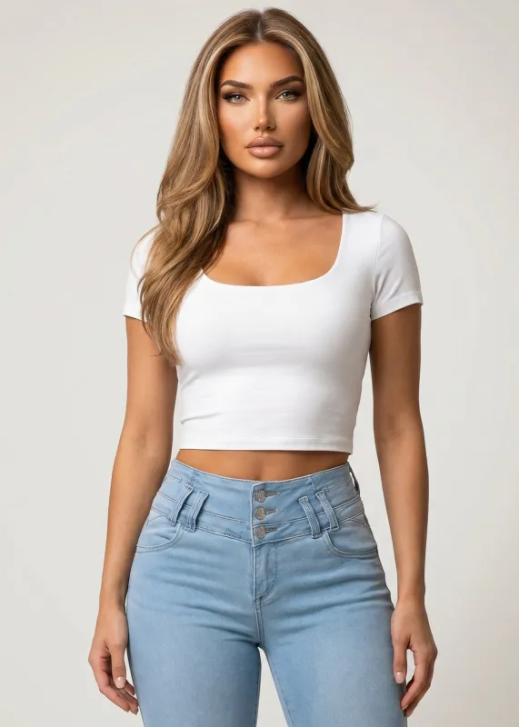 Square Neck Short Sleeve Stretch Top White made by Ambiance