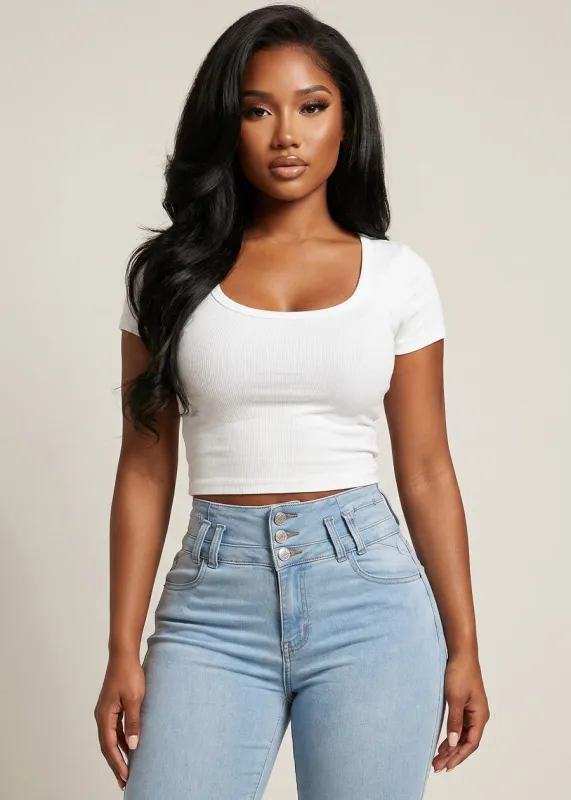 Stretch Short Sleeve Scoop Neck Ribbed Crop Top White made by Ambiance