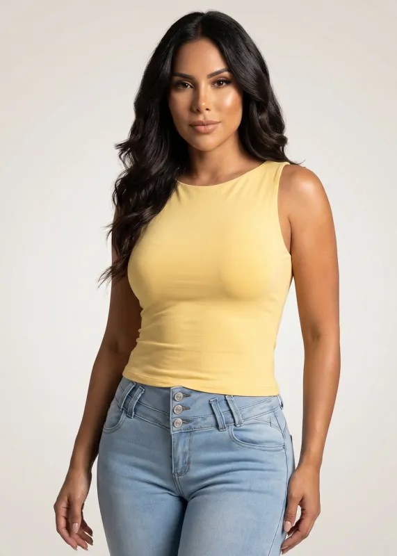 Sleeveless Boat Neckline Stretch Top Yellow made by Ambiance