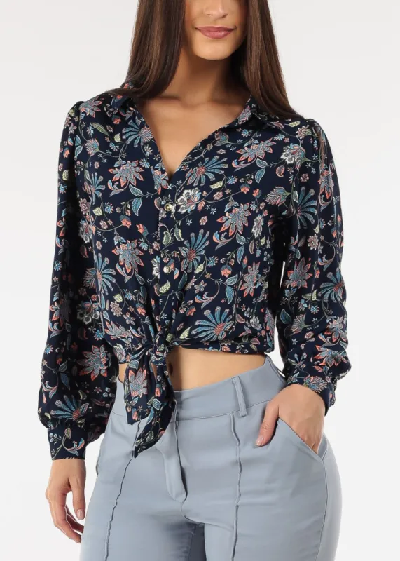 Front Tie Button Down Floral Blouse Navy sold by Moda