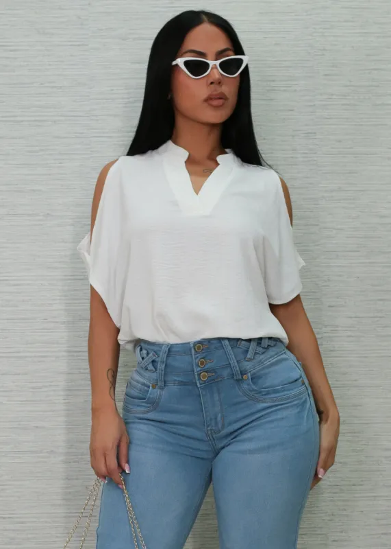 Cold Shoulder Vneck Lightweight Blouse Off White made by Timing