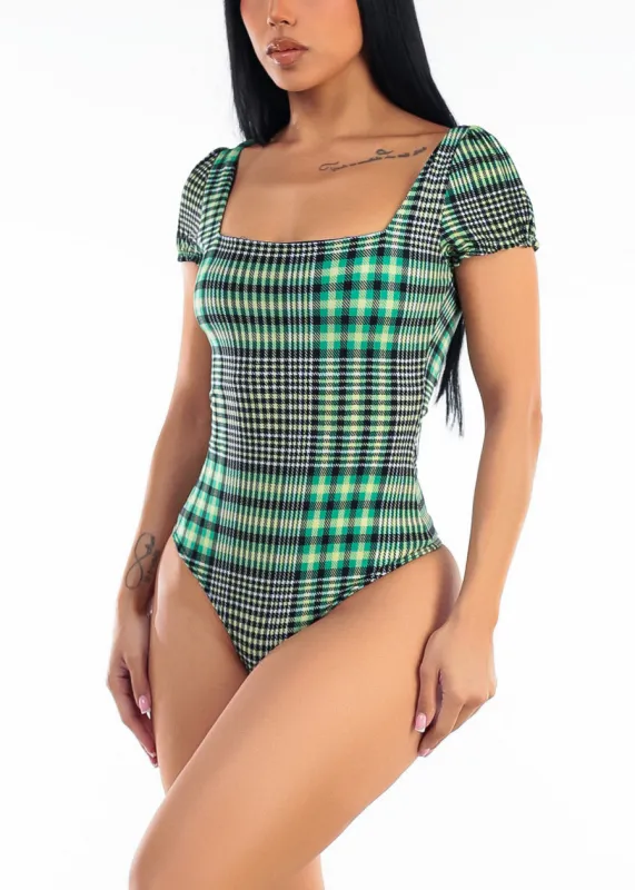 Plaid Square Neck Short Sleeve Stretch Bodysuit Green made by Chocolate
