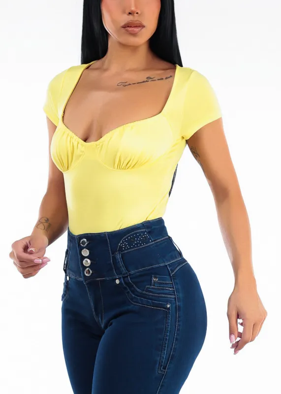 Stretch Short Sleeve Sweetheart Neckline Blouse Yellow made by Timing