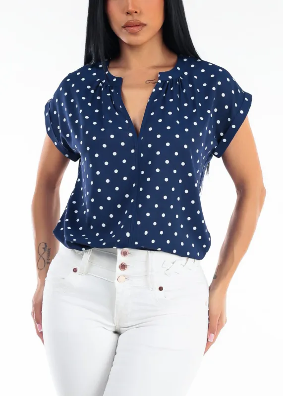 Short Sleeve Vneck Polka Dot Blouse Navy made by Moda